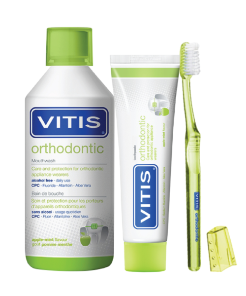 Bộ sản phẩm Vitis Orthodontic chăm sóc răng chỉnh nha, bao gồm 500ml nước súc miệng+100ml kem đánh răng+bàn chải