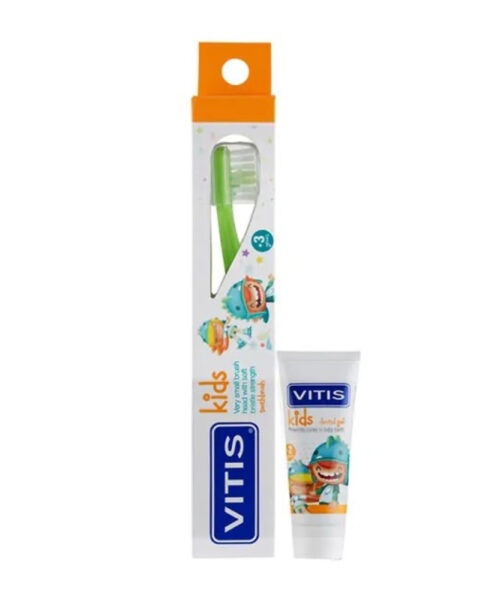 Bàn chải đánh răng dành cho bé trên 3, dạng vỉ tặng kèm tuýp kem đánh răng Vitis Kids 8ml